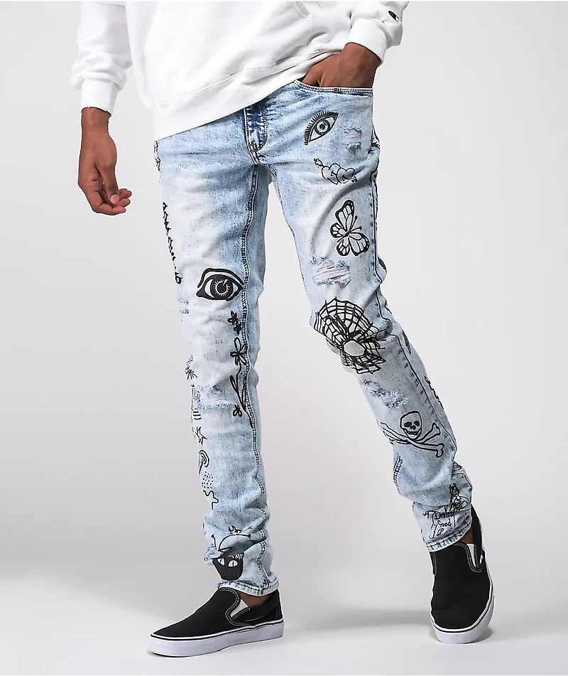 Ninth Hall Rogue Printed Light Wash Skinny Jeans