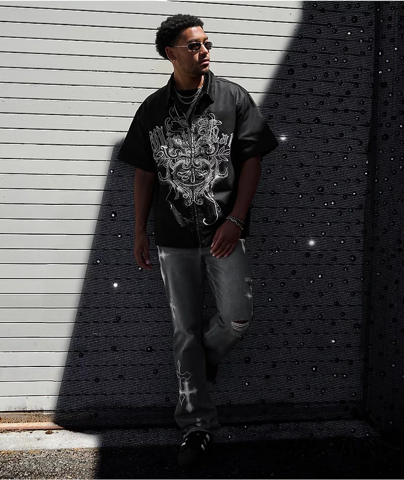 Ninth Hall Salvation Rhinestone Black Boxy Work Shirt