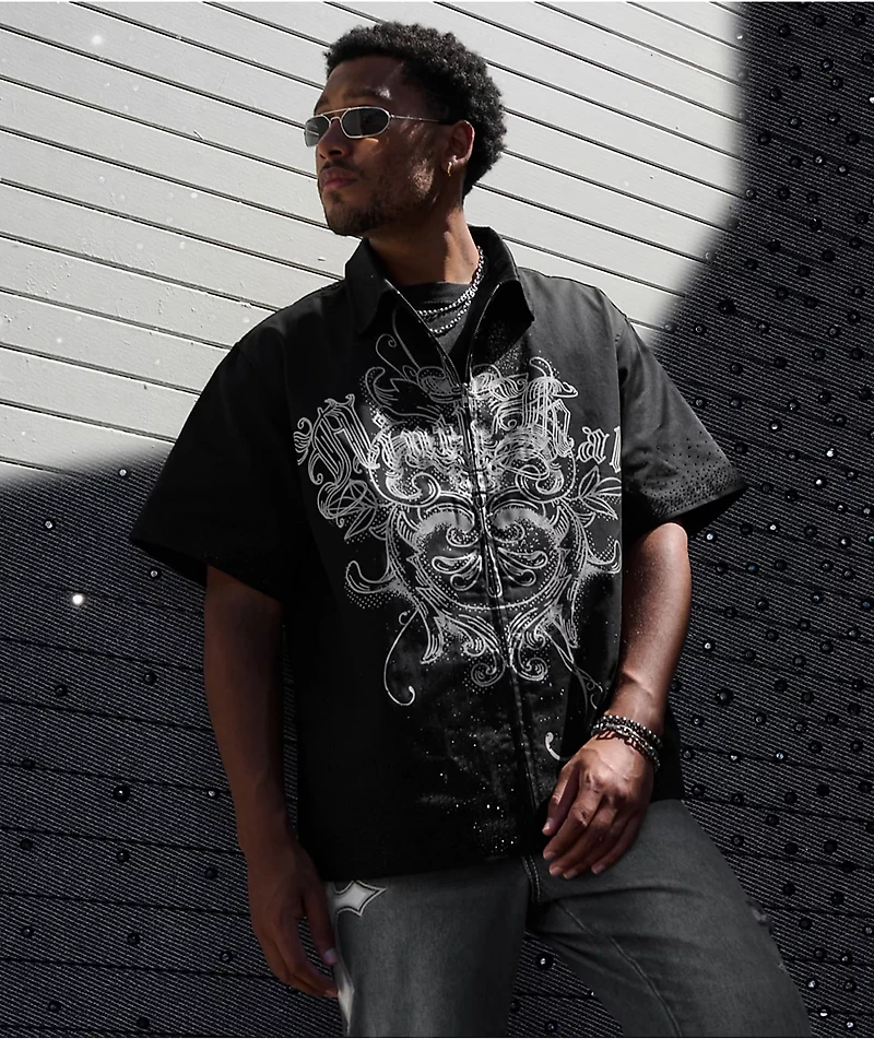 Ninth Hall Salvation Rhinestone Black Boxy Work Shirt