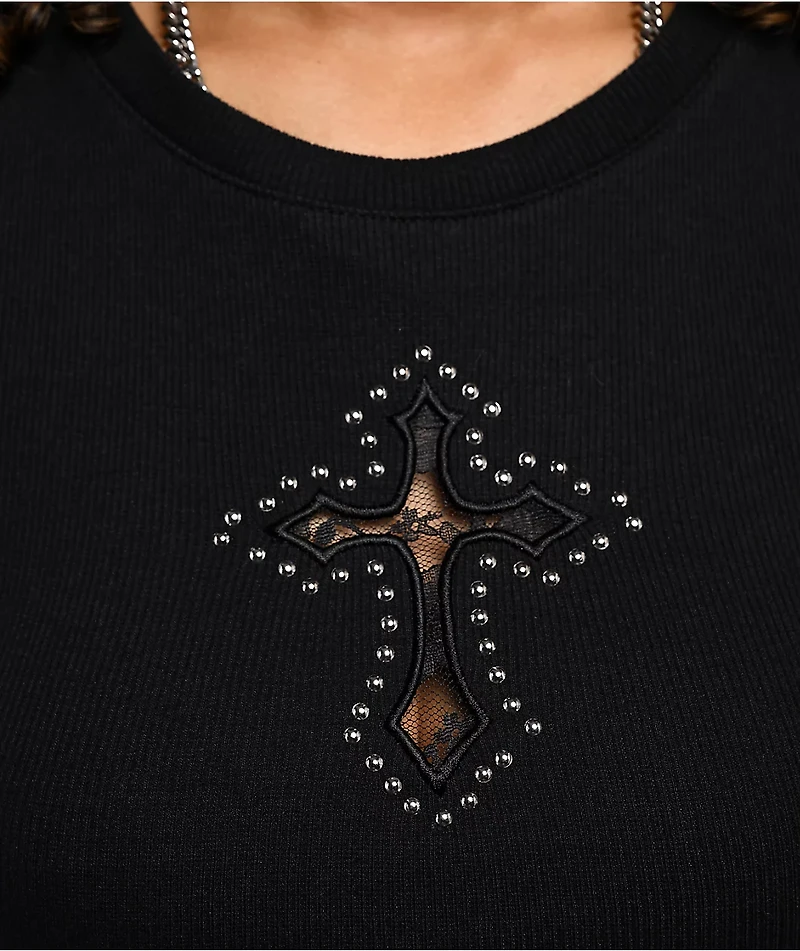 Ninth Hall Shawnie Cross Cutout Black Fitted Crop T-Shirt