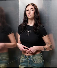 Ninth Hall Shawnie Cross Cutout Black Fitted Crop T-Shirt