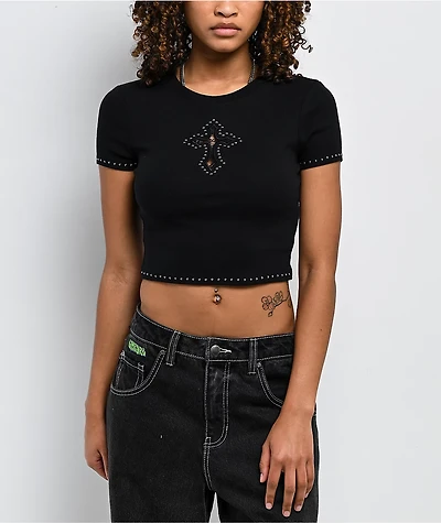 Ninth Hall Shawnie Cross Cutout Black Fitted Crop T-Shirt