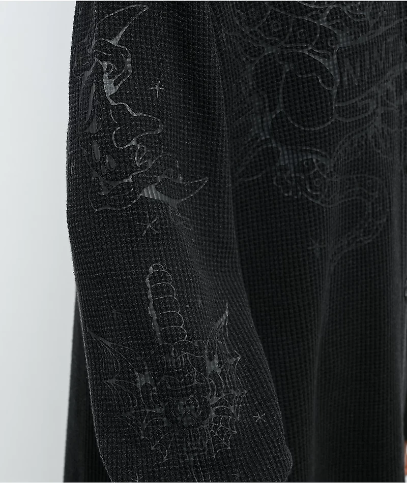 Ninth Hall Stencil Black Thermal Long Sleeve Button Up Shirt