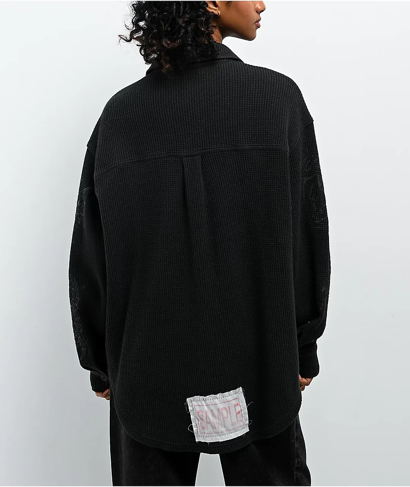 Ninth Hall Stencil Black Thermal Long Sleeve Button Up Shirt