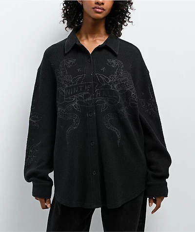 Ninth Hall Stencil Black Thermal Long Sleeve Button Up Shirt