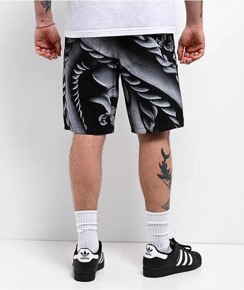 Ninth Hall Waylay Dragon Black Raw Denim Shorts