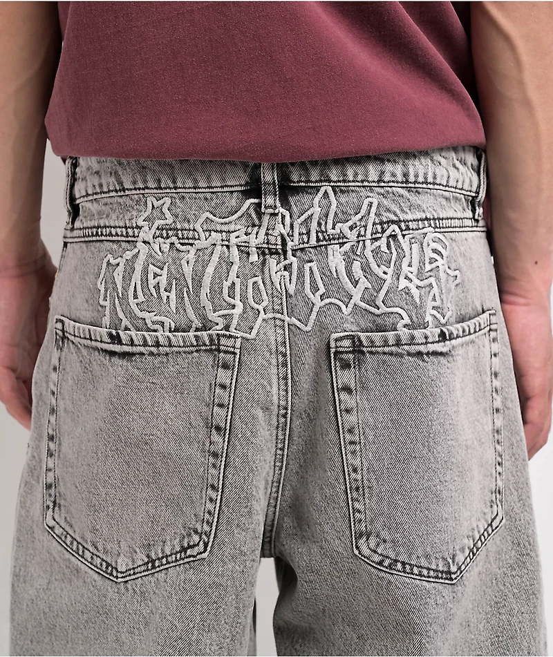 Ninth Hall Waylay Embroidered Grey Wash Denim Shorts