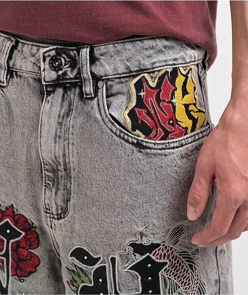 Ninth Hall Waylay Embroidered Grey Wash Denim Shorts