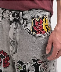 Ninth Hall Waylay Embroidered Grey Wash Denim Shorts