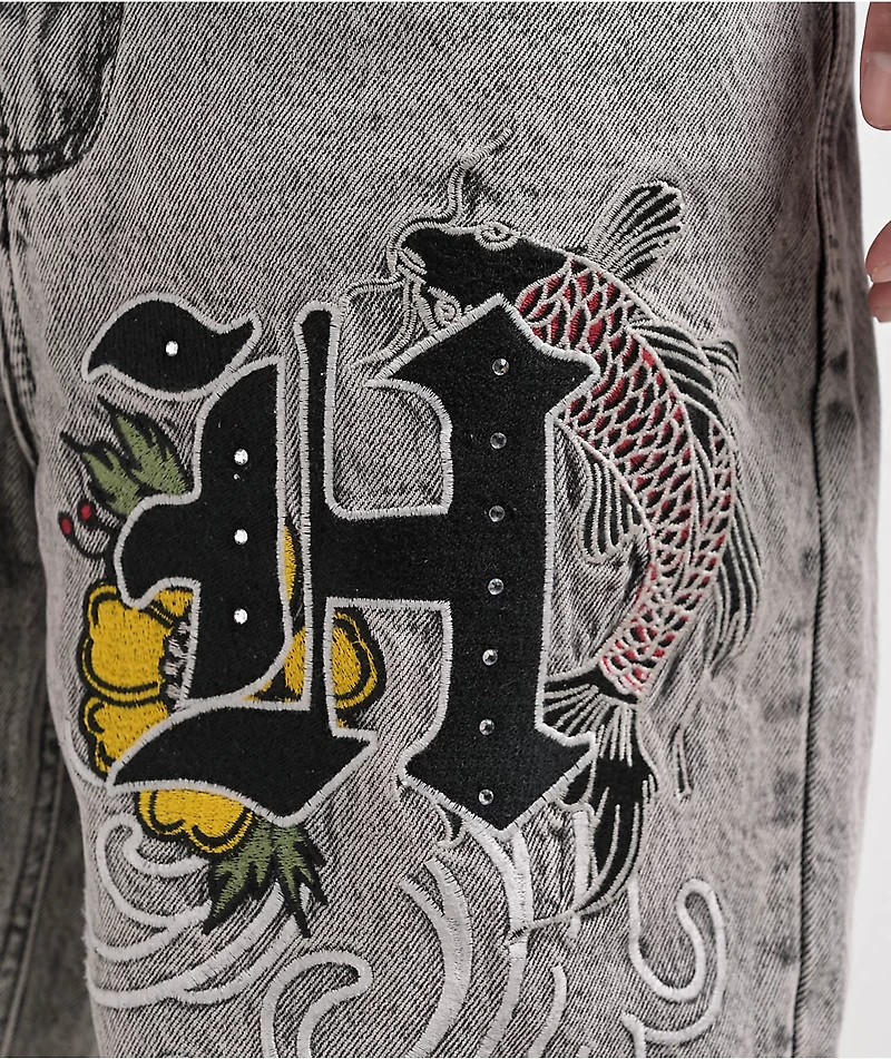 Ninth Hall Waylay Embroidered Grey Wash Denim Shorts