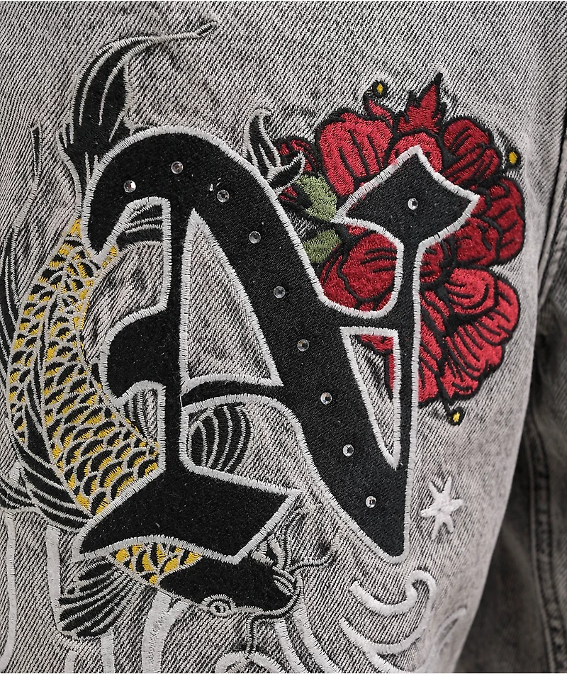 Ninth Hall Waylay Embroidered Grey Wash Denim Shorts