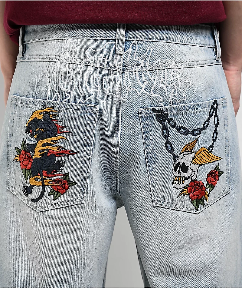 Ninth Hall Waylay Skull Blue Wash Loose Fit Shorts
