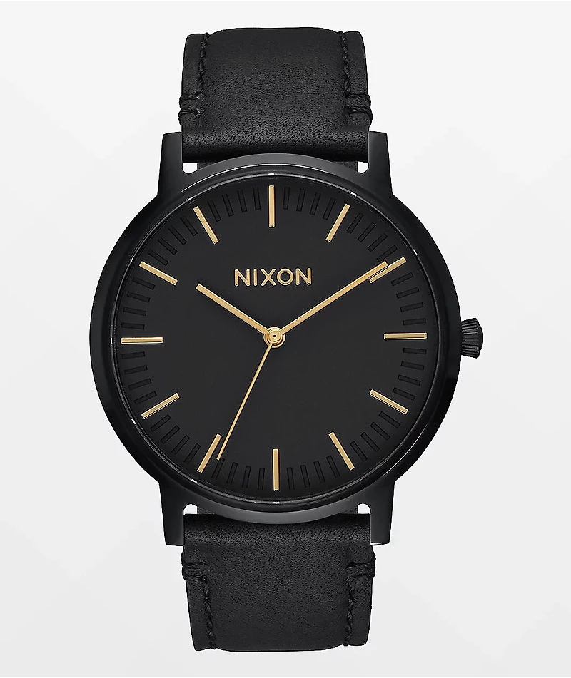 Nixon Porter Leather All Black & Gold Watch
