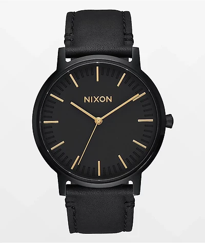 Nixon Porter Leather All Black & Gold Watch