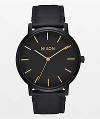 Nixon Porter Leather All Black & Gold Watch