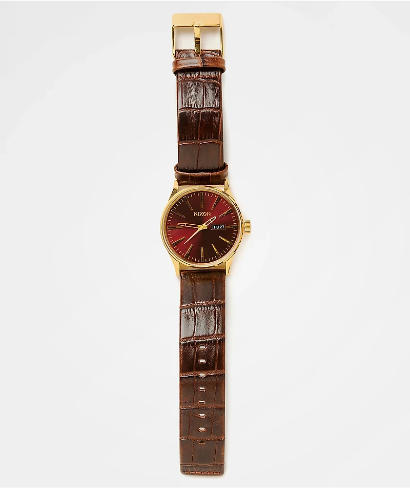 Nixon Sentry Gold, Oxblood Sunray & Brown Gator Leather Analog Watch