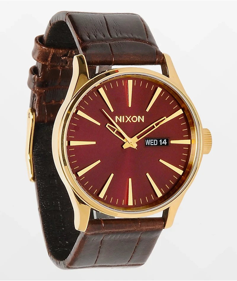 Nixon Sentry Gold, Oxblood Sunray & Brown Gator Leather Analog Watch