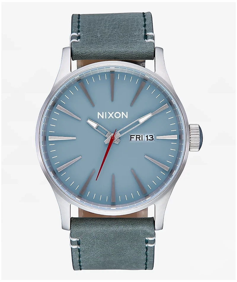 Nixon Sentry Leather, Silver & Dusty Blue Analog Watch