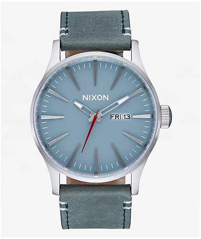 Nixon Sentry Leather, Silver & Dusty Blue Analog Watch