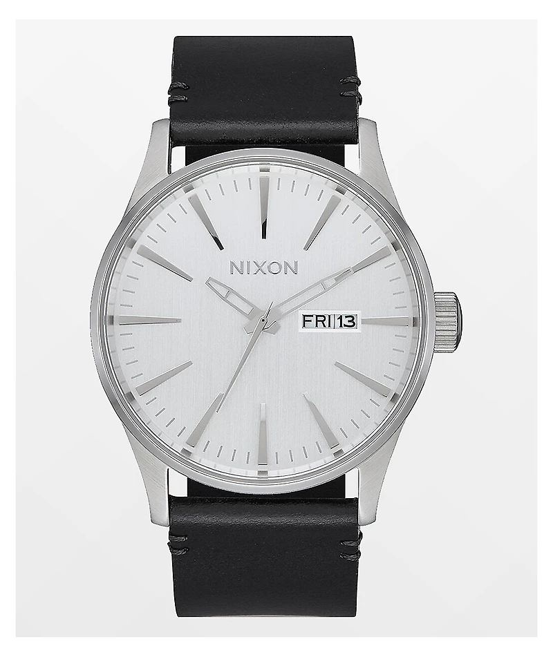 Nixon Sentry Leather All-Silver & Black Analog Watch