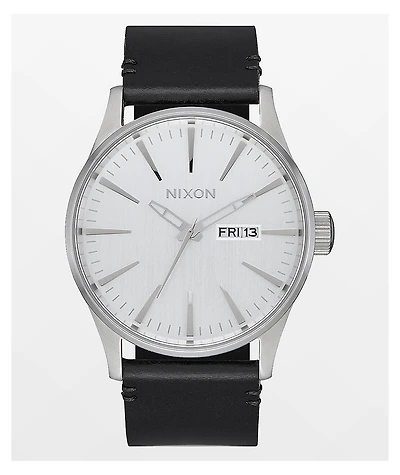 Nixon Sentry Leather All-Silver & Black Analog Watch