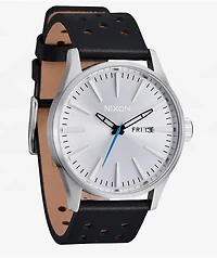 Nixon Sentry Leather Chrome, Silver Sunray, & Black Analog Watch