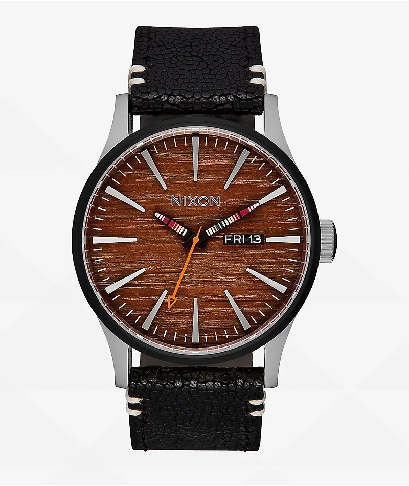 Nixon Sentry Leather Silver, Rosewood & Black Analog Watch