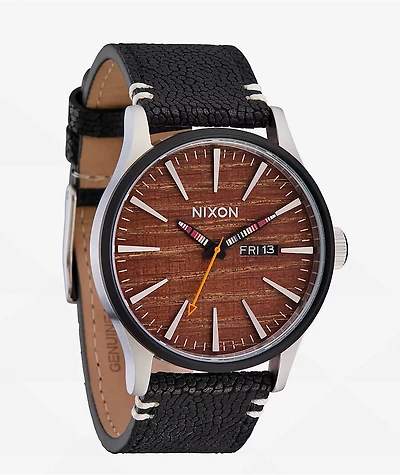 Nixon Sentry Leather Silver, Rosewood & Black Analog Watch