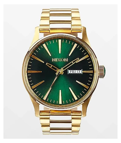 Nixon Sentry SS Gold & Green Sunray Analog Watch