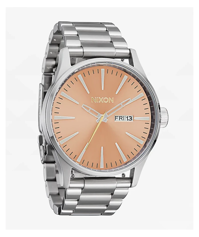Nixon Sentry Stainless Steel Silver & Coral Analog Watch