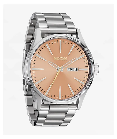 Nixon Sentry Stainless Steel Silver & Coral Analog Watch