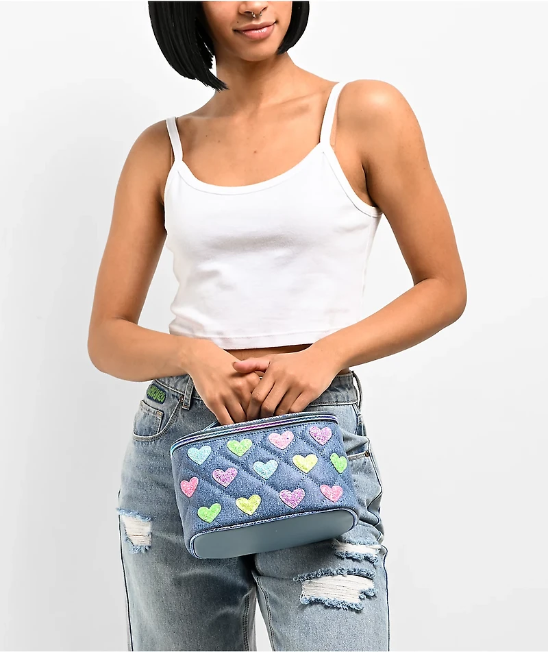 OMG Accessories Glitter Heart Patch Quilted Demin Glam Bag