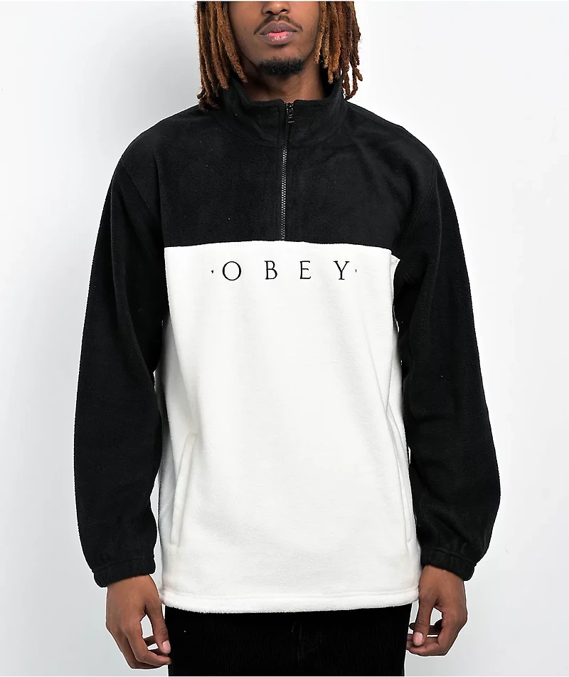 Obey Channel White & Black Mock Neck Fleece Sweatshirt