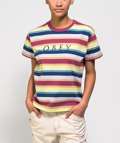 Obey Charlie Box Fuchsia & Multi Stripe T-Shirt
