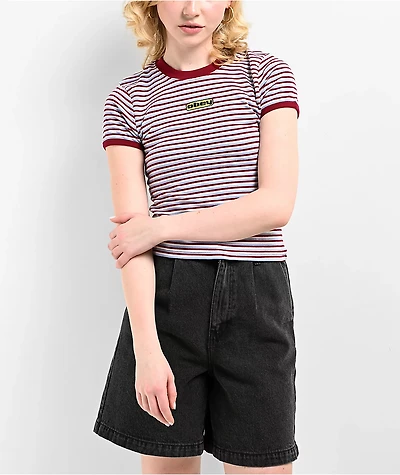 Obey Cypress Stripe Tibetan Red Multi Crop T-Shirt