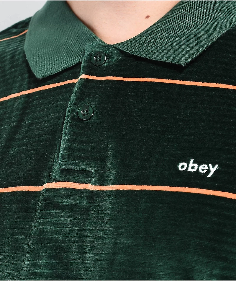 Obey Fete Green Velour Long Sleeve Polo Shirt