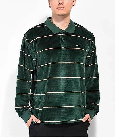 Obey Fete Green Velour Long Sleeve Polo Shirt