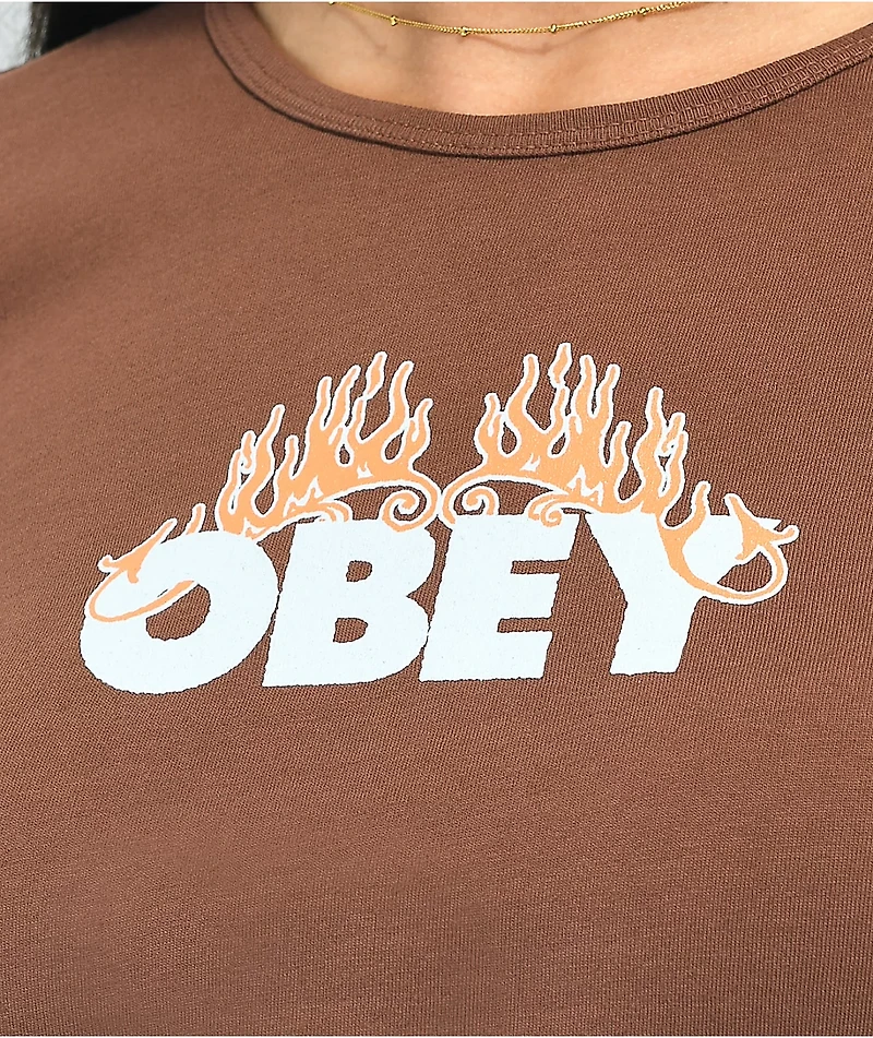 Obey Flames Brown Crop Long Sleeve T-Shirt