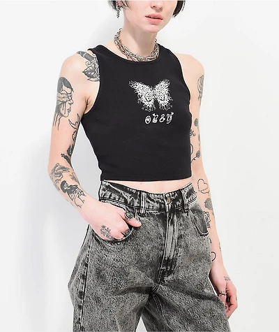 Obey Flaming Butterfly Black Ribbed Crop Tank Top
