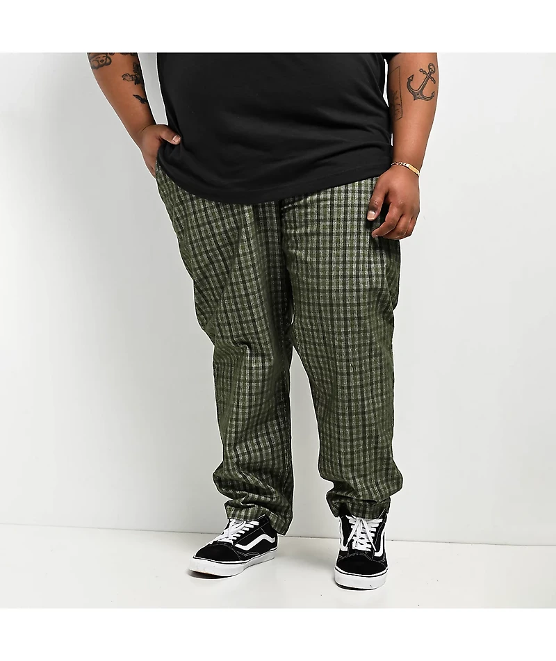 Obey Fubar Pleated Plaid Green Kombu Corduroy Pants