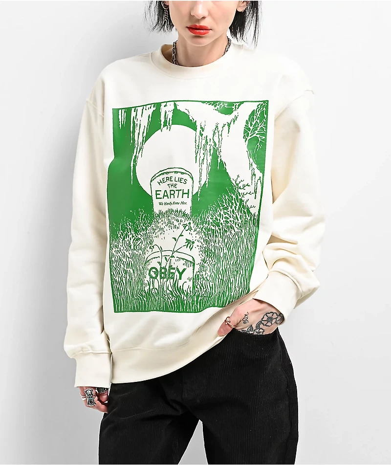 Obey Here Lies The Earth Beige Crewneck Sweatshirt