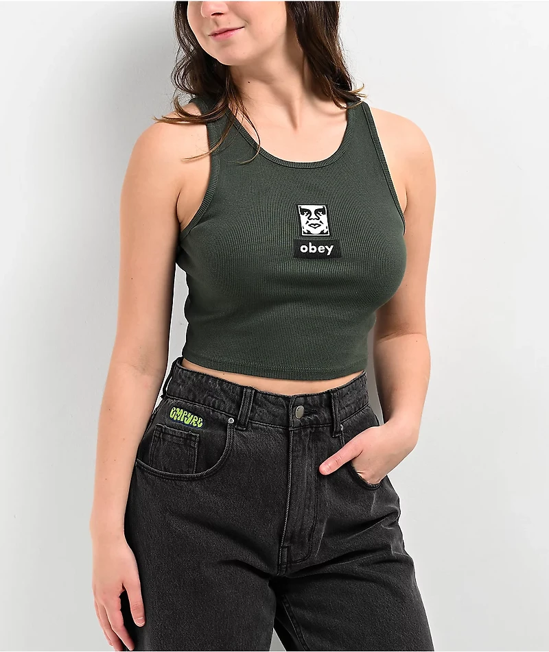 Obey Icon Face Green Crop Tank Top