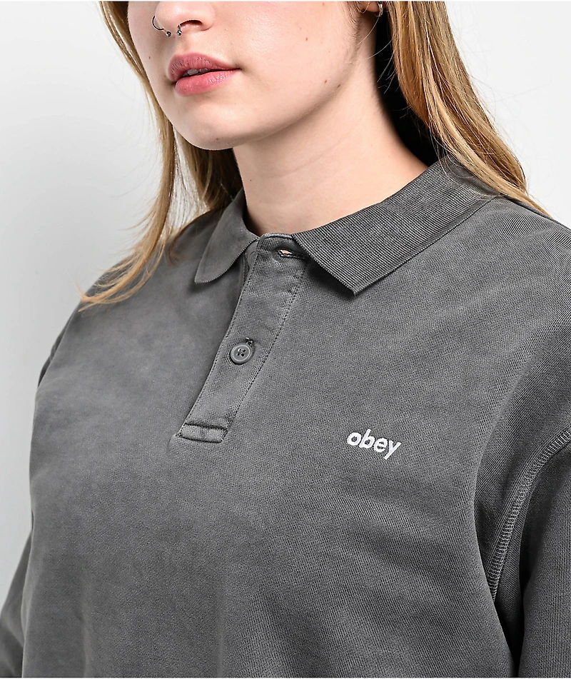 Obey Lowercase Black Pigment Dye Long Sleeve Polo Shirt
