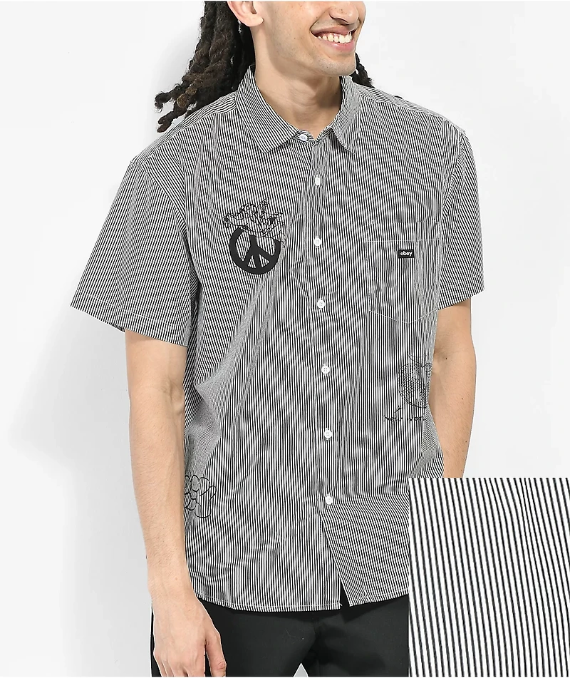 Obey New World Black & White Stripe Short Sleeve Button Up Shirt