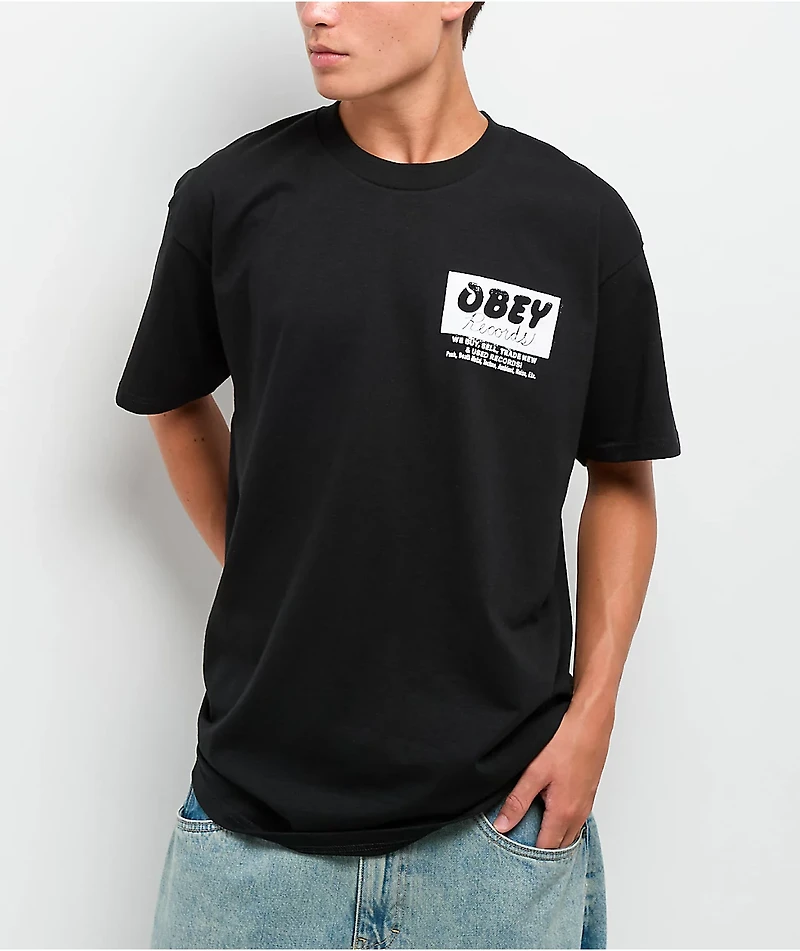 Obey Records Buy Sell Trade Black T-Shirt