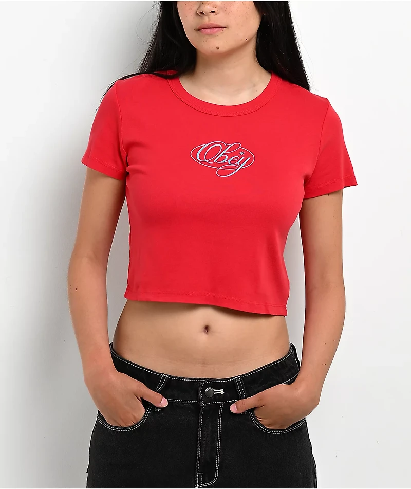 Obey Scripty Skater Red Crop T-Shirt