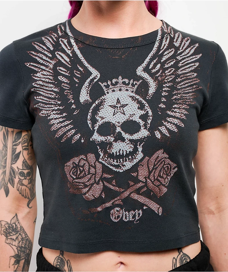 Obey Skull & Roses Black Crop T-Shirt
