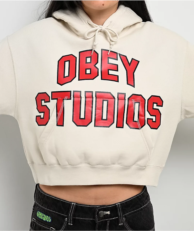 Obey Studios Collegiate Beige Crop Hoodie