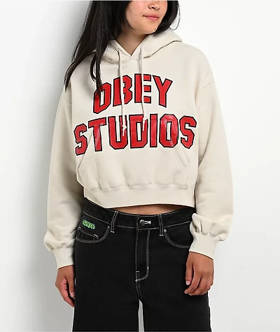 Obey Studios Collegiate Beige Crop Hoodie