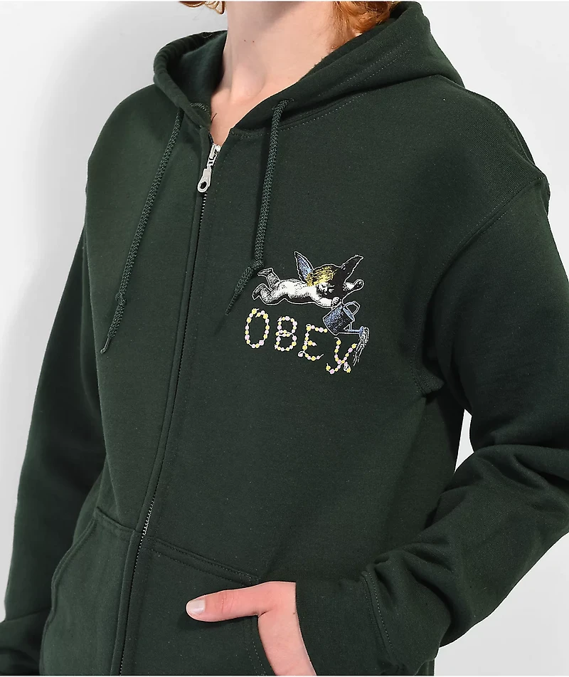 Obey Watering Can 3 Cherub Forest Green Zip Hoodie
